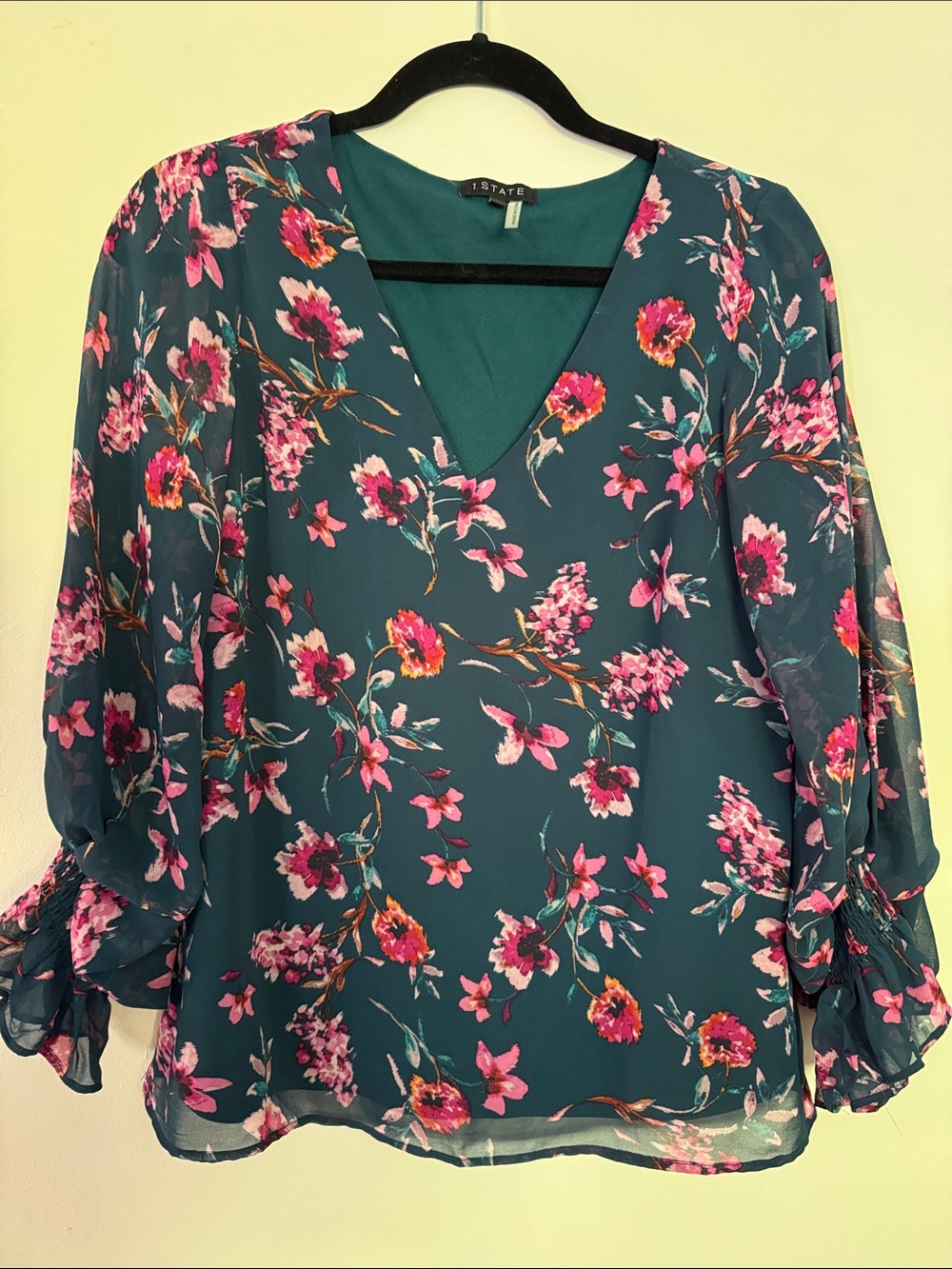 1. State Teal V-Neck Blouse with Pink Floral Print